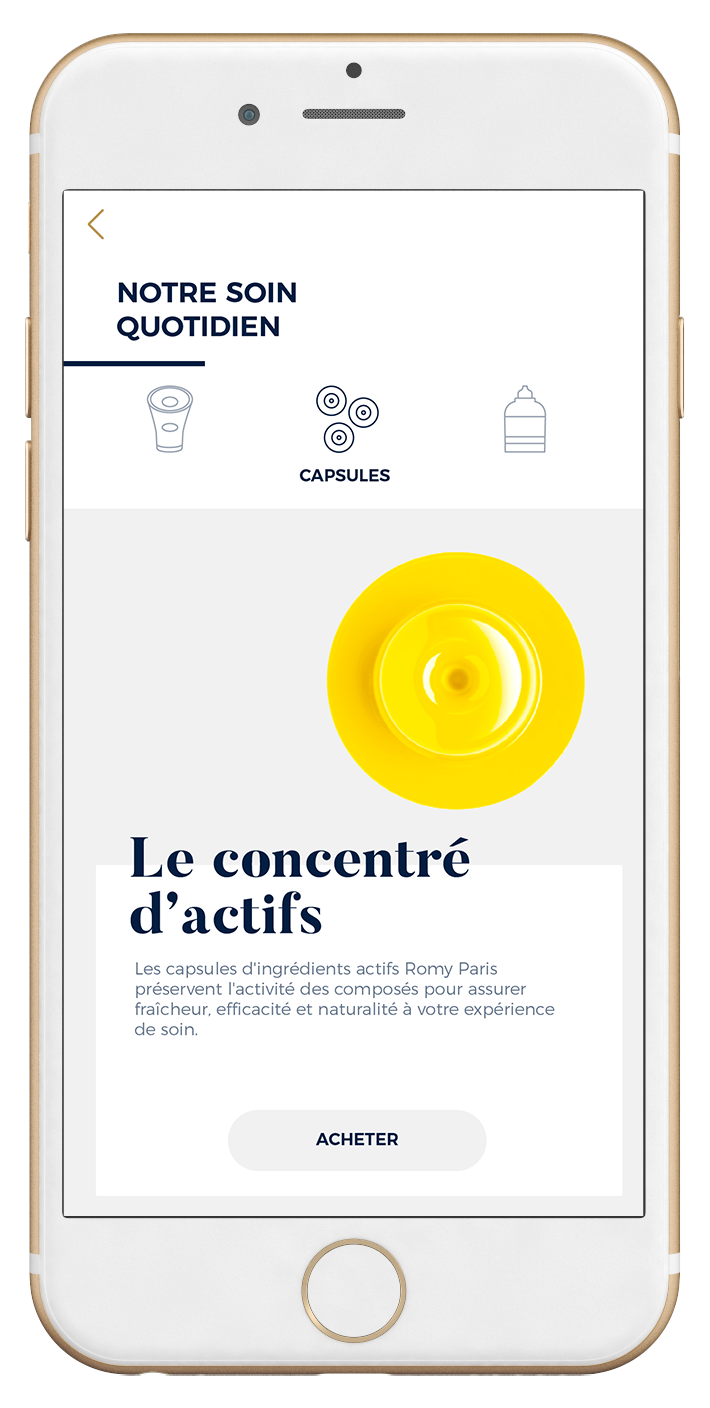 Romy UI design application icon page soin quotidien capsules